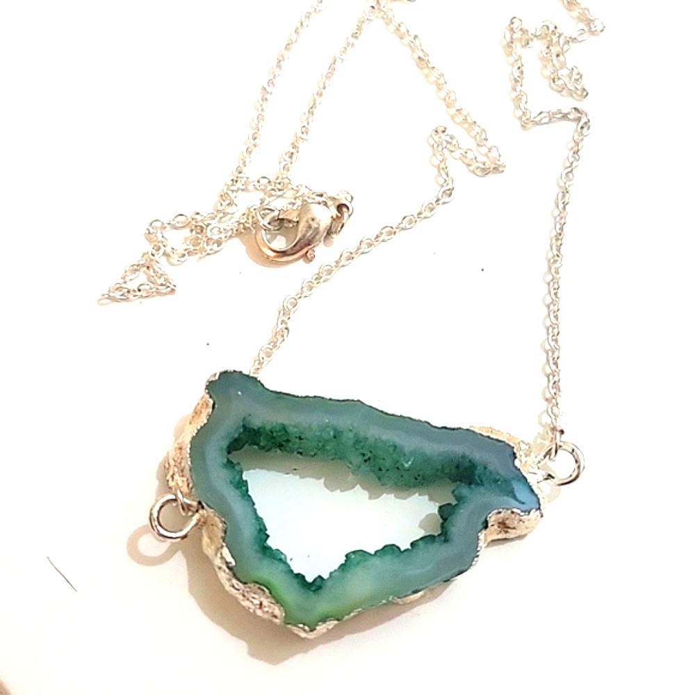 Silver Plated Geode Druzy Agate Slice  Necklace